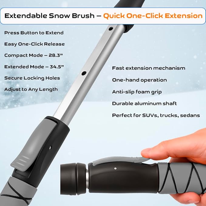 34.5" Snow Brush & Ice Scrapers for Car Windshield with Foam Grip for Cars Extendable, SUV, Trucks - Detachable Сar Scraper - No Scratch - Heavy Duty Handle, Snow Broom, Remover, Easy Scraper, Gray