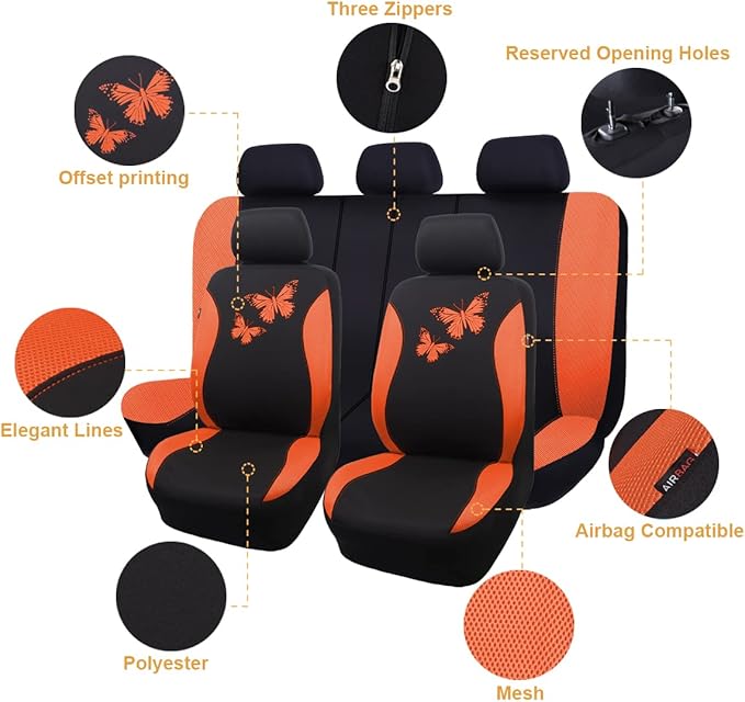 Flying Banner Butterfly car seat Covers ful Set Fashion Universal Lady Woman Female Rear Bench Split Colorized (Full Set, Ora