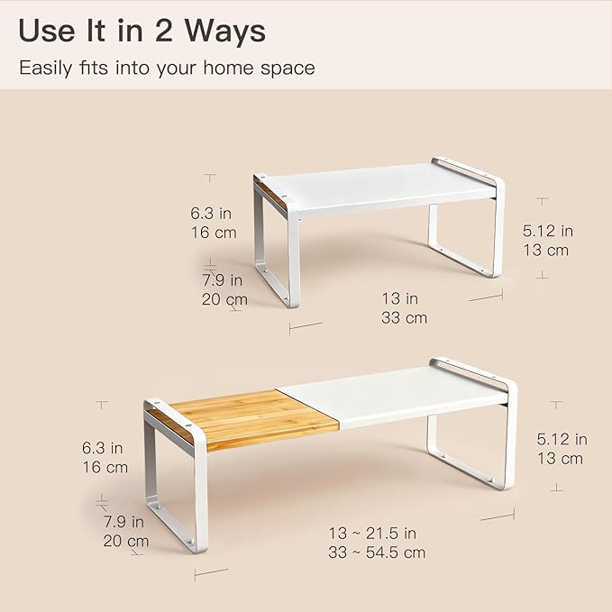 Expandable Cabinet Shelf Organizer & Spice Rack, Stackable Kitchen Counter Riser with Anti-Slip Legs, Bamboo Cupboard Storage