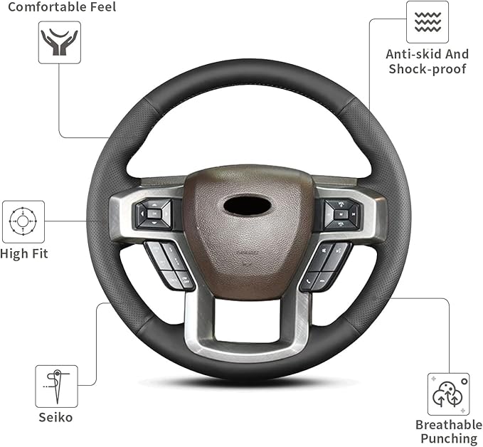 Hand Sewn Steering Wheel Cover,Fit for Ford F-150 2015 2018/Expedition 2018/F-150 Limited 2016/F-Series Super Duty 2017 2020 2022,Non-Slip Breathable Microfiber Leather Steering Wheel Cover
