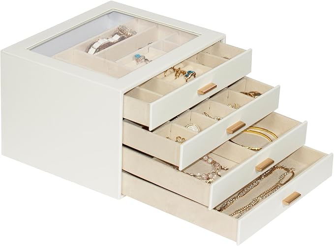 Jewelry Box with Glass Lid, 4-Layer Jewelry Organizer for Women Girls, PU Leather Display Case with 20-Grid Earring Tray & Mo