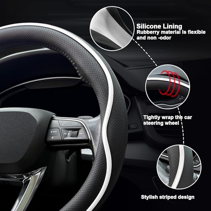 HAOTULE Leather Steering Wheel Cover， with Anti-Slip Stripe Design - Enhanced Grip, Fashion Style, Safe, Non-Slip, Breathable