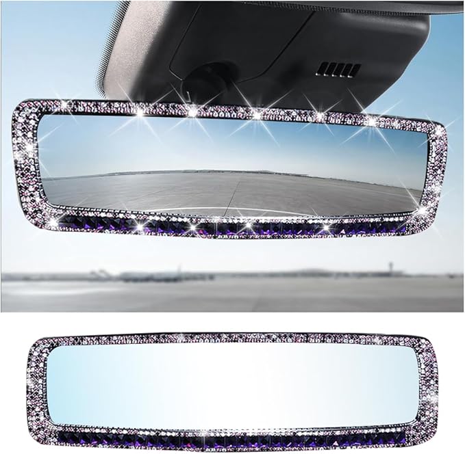 AUCELI Car Rear View Mirror, Bling Rhinestone Interior Rear View Mirror with HD Glass, Wide Angle Clip-On Rearview Mirror with Glitter Crystal Diamond, Car Decoration Accessories for Women (Purple)