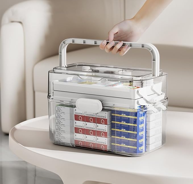 3-Tier 12 x 9 x 7 Medicine Organizer, Medicine Cabinet Organizer with Portable Pill Case, Multipurpose Plastic Box for Storag