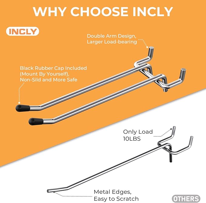 INCLY 4/6 Inch Pegboard Hooks, 36 Pack Heavy Duty Double Arm Peg Board Straight Hooks, Peg Board Tool Hangers Fit for 1/4" Pe