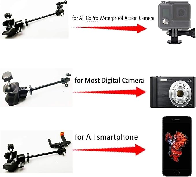 Pmsanzay 3in1 Adjustable Heavy Duty Universal Action Camera Desk Pole Clamp Holder Mounts Kit for Waterproof Camera/Digital Camera/Smartphone - Perfect car Shooting vlogging Video Recording