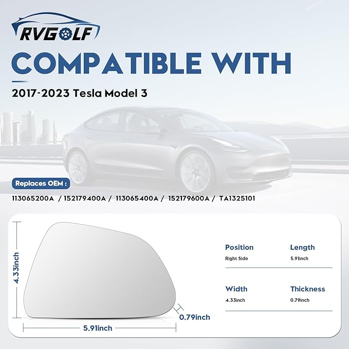 Blind Spot Mirrors for Tesla Model 3 2017-2023, Power Heated Mirrors for Anti-Fog with Passenger Right Side Mirror Replacement, Durable Backing Plate 113065200A 152179400A