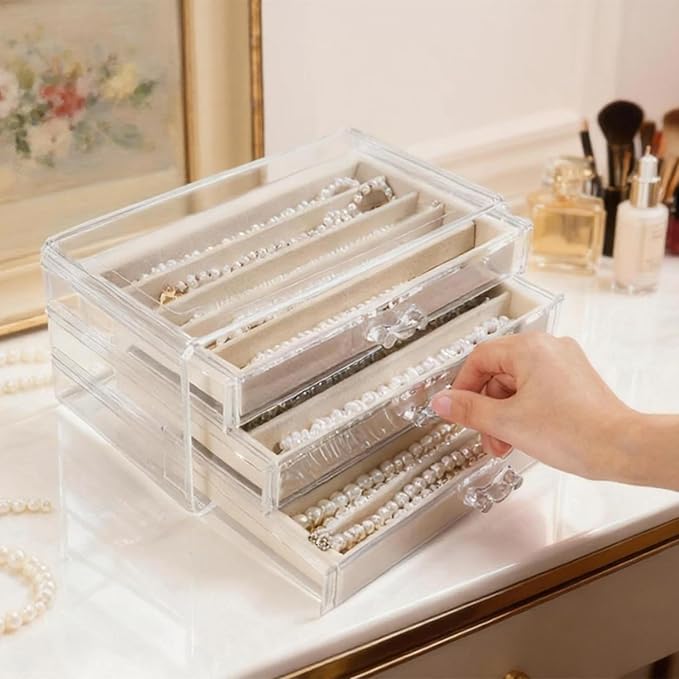 CLUQMEIK Necklace Organizer Box with Clear Lid, Dustproof Velvet Jewelry Holder Storage Display Case, Stackable Acrylic Neckl