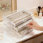 CLUQMEIK Necklace Organizer Box with Clear Lid, Dustproof Velvet Jewelry Holder Storage Display Case, Stackable Acrylic Neckl