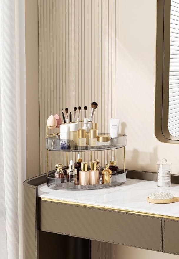 FELIZHOUSE 2-Tier Makeup Organizer for Vanity & Bathroom Countertop – Acrylic Storage Shelf with Perfume Tray & Makeup Brush 