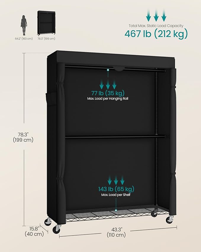 SONGMICS Heavy-Duty Rolling Clothes Rack, Garment Rack, Portable Closet on Wheels, with Adjustable Mesh Shelves and Hanging R