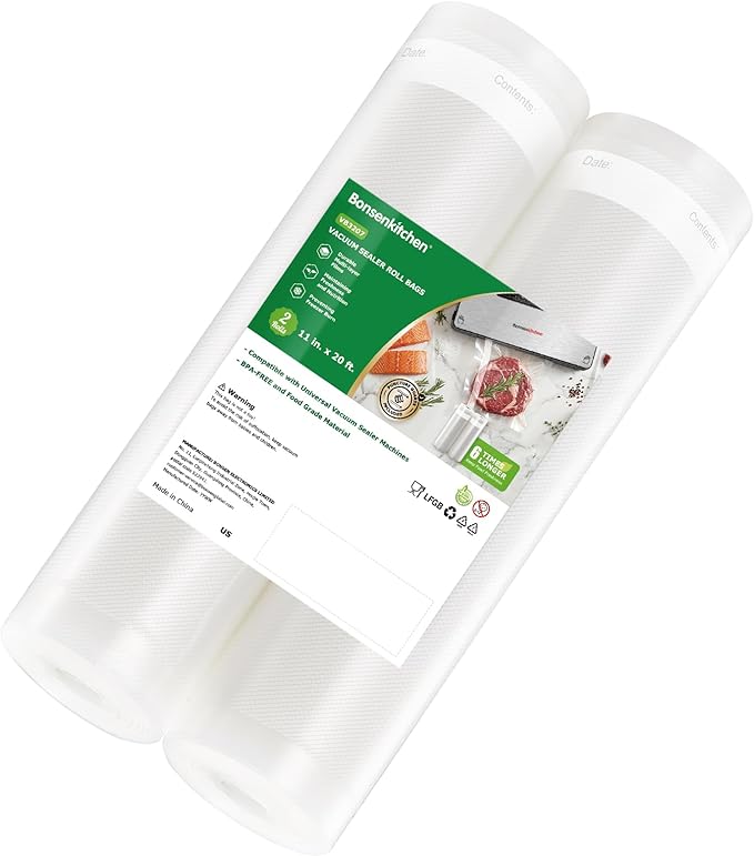 Bonsenkitchen Vacuum Sealer Bags Rolls for Food, 2 Packs 11" x 20', Heavy-Duty Textured Material Bag, BPA-Free, Commercial-Gr