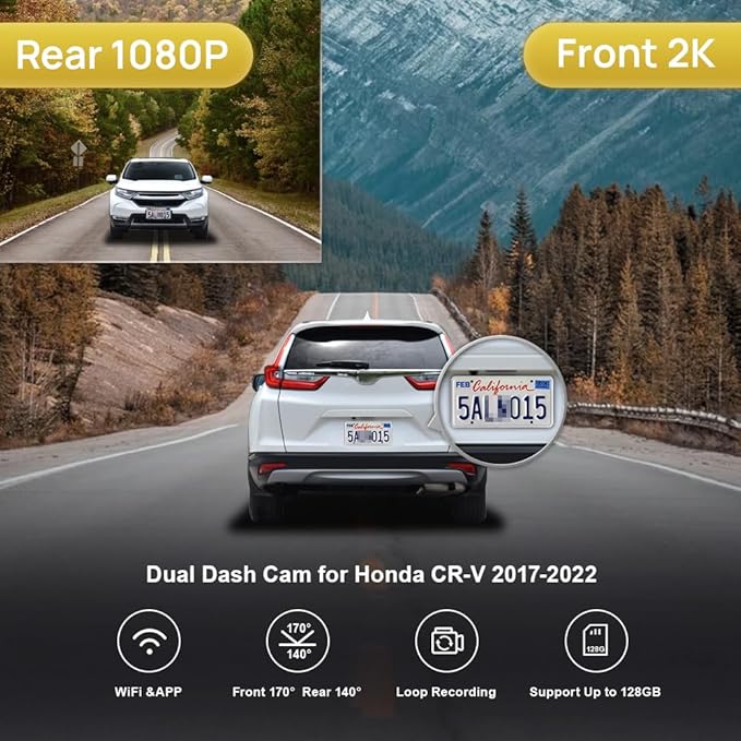 Fitcamx 2K Dual Dash Cam Adapts for Honda CR-V 2017-2022 LX EX Touring EX-L (Gen5), Integrated OEM Look, Front 1440P+Rear 108