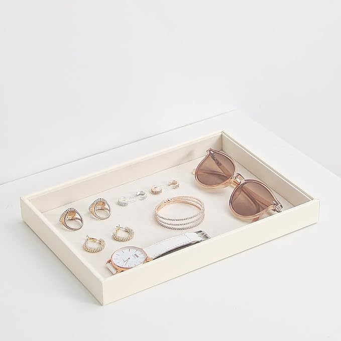 Stackable Jewelry Organizer Tray For Drawers,White Leather Small Earring Storage Tray,Bracelet And Necklace Display Box,Jewel