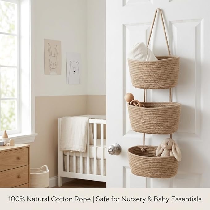 Hanging Wall Basket, Over the Door Hanging Basket with Hooks, Cotton Back of Door Organizer for Living Room, Bedroom, Boho Wa