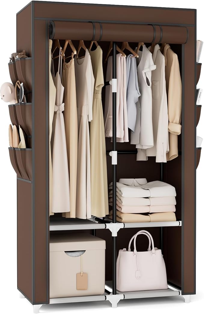 VTRIN Portable Closet Wardrobe for Hanging Clothes with 4 Storage Shelves, 2 Hanging Rods and 6 Pockets, Stable and Easy Asse