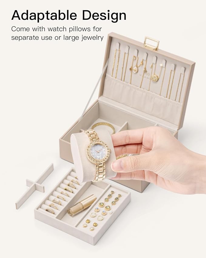 VLANDO Jewelry Organizer,2 Layer Jewelry Box Large Jewelry Organizer for Women Removable Jewelery Tray with Watch Pillow for 