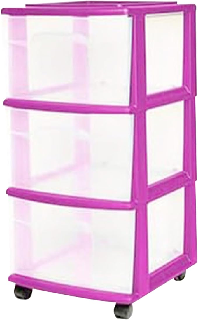 HOMZ 2-Pack Drawer Tower, 3-Tier Clear Plastic Storage Organizer Cart, Purple Frame - Organizing Containers with Wheels for H