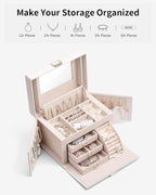 Vlando Jewelry Box Organizer for Girls Women, Large Vintage Jewelry Storage Box with Mirror, Drawers for Bracelets, Earrings,