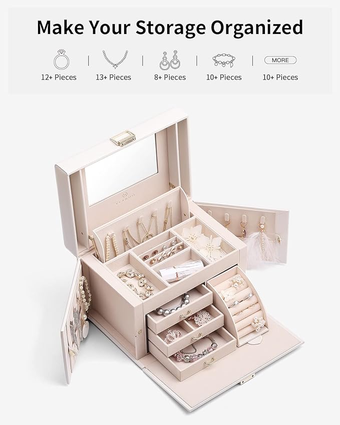 Vlando Jewelry Box Organizer for Girls Women, Large Vintage Jewelry Storage Box with Mirror, Drawers for Bracelets, Earrings,