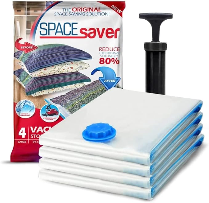 Spacesaver 4 Pack Large Vacuum Storage Bags for Comforters, Blankets & Clothes – Vacuum Sealed Compression Bags with Hand Pum