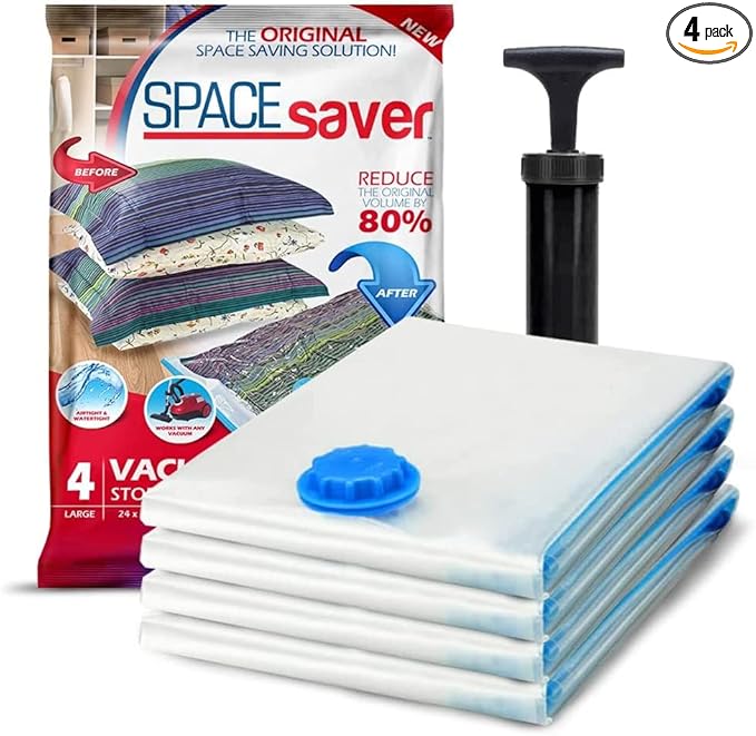 Spacesaver 4 Pack Jumbo Vacuum Storage Bags for Blankets & Clothes – Jumbo Vacuum Sealed Compression Bags with Hand Pump – Sp