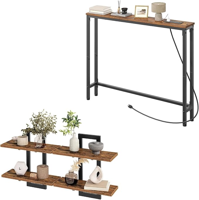 HOOBRO Floating Shelves and Console Table Bundle, 15 Inch Wall Shelf Set of 2, 39.4 Inch Narrow Entryway Table with Power Out