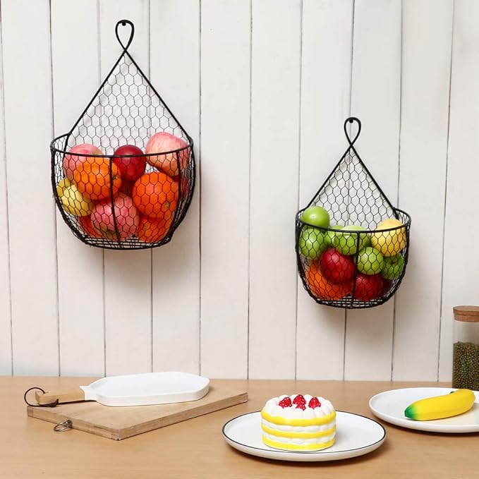 ERYTLLY Metal Fruit And Vegetable Storage Hanging Basket Wall Mounted, For Kitchen Black Wire Baskets for Flowers, Fruits and