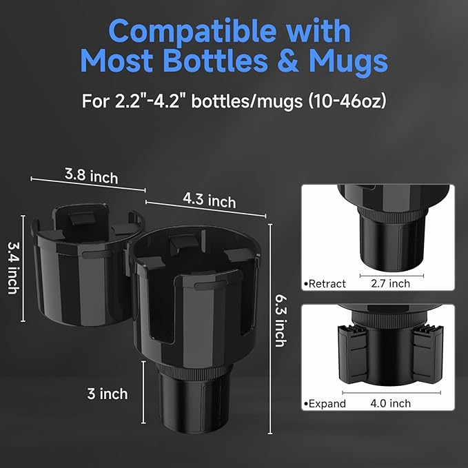DYLEN Car Cup Holder Expander, 2 in 1 Cup Holder Adapter Extender for Car with Expandable Insert, Fits Yeti, Hydroflask and O
