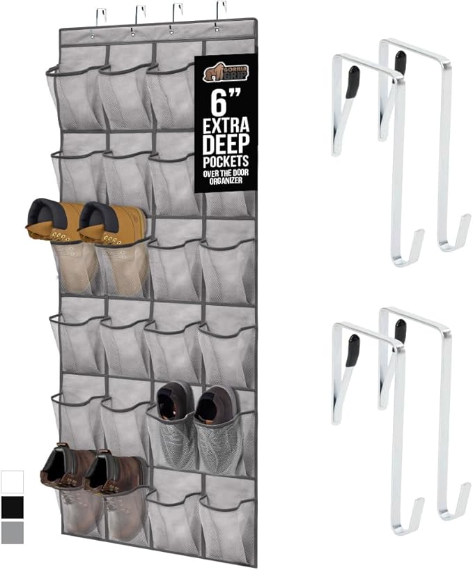 GORILLA GRIP Over the Door Shoe Organizer, 24 Extra Large Breathable Mesh Pockets, Space Saving Hanging Storage Holder, 4 Hoo