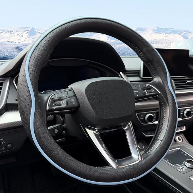 HAOTULE Leather Steering Wheel Cover， with Anti-Slip Stripe Design - Enhanced Grip, Fashion Style, Safe, Non-Slip, Breathable