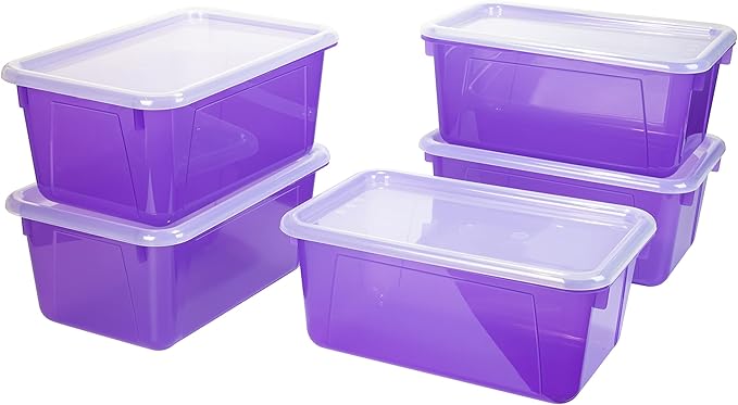 Storex Small Cubby Bins – Plastic Storage Containers for Classroom with Non-Snap Lid, 12.2 x 7.8 x 5.1 inches, Tint Violet, 5