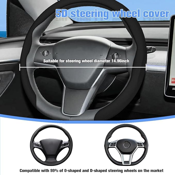 Car Nappa Leather Steering Wheel Cover, 15" Fashionable 5D Anti-Slip Vehicle Steering Wheel Protector, Breathable Auto Interi