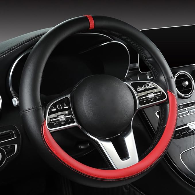 Morandi Color Steering Wheel Cover, Nappa Leather, Fashionable Sporty Style, Universal 15 inches, Black and red