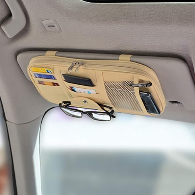 Car Sun Visor Organizer, Auto Interior Accessories Pocket Organizer - Car Truck SUV Storage Pouch Holder, with Multi-Pocket Net Zipper (Beige)