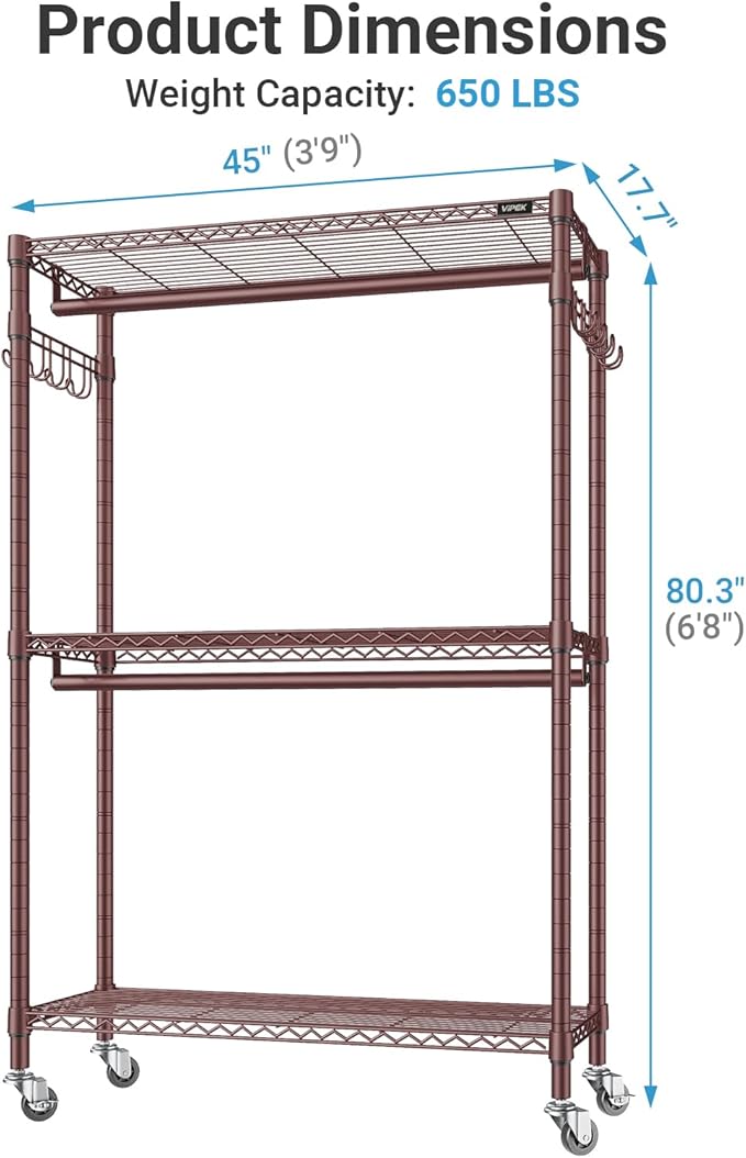 VIPEK R2 Plus Rolling Clothes Rack for Hanging Clothes Heavy Duty Clothing Rack 3 Tiers Adjustable Metal Wire Shelving Garmen