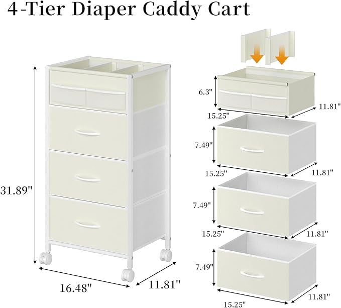 4-Tier Baby Diaper Caddy Organizer Cart with 3 Storage Drawers, Rolling Cart with Dividers & Side Pockets for Nursery, Baby E