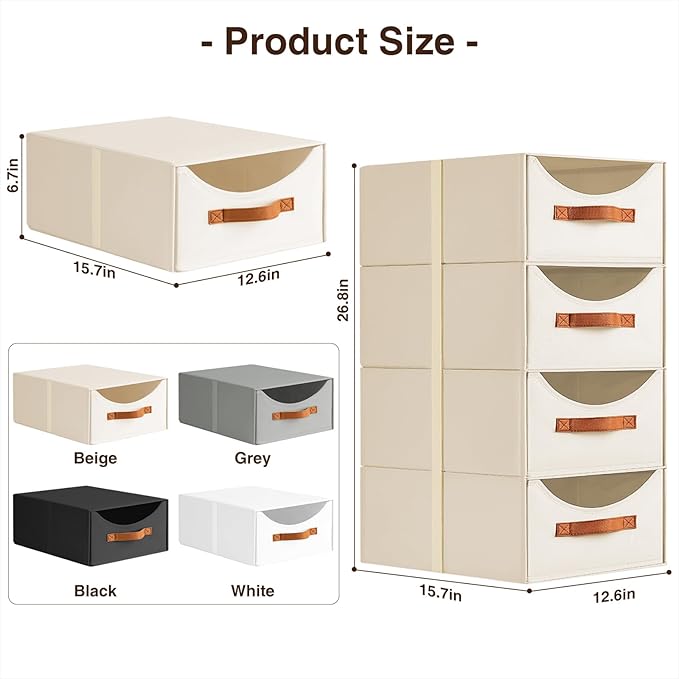 Homsorout Stackable Storage Drawers - Large Collapsible Storage Bins with Drawers, 4 Pack Closet Shelf Organizer Basket, Fabr