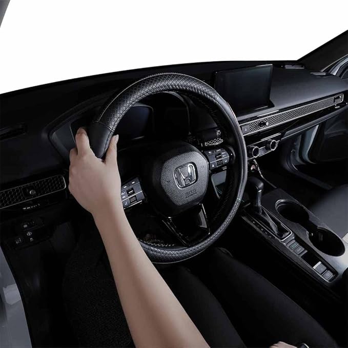 EKR Universal 15 inch Leather Steering Wheel Cover - Genuine Leather, Breathable, Anti Slip & Odor Free (Black with Red Lines, M(14" 1/2-15" 1/4))