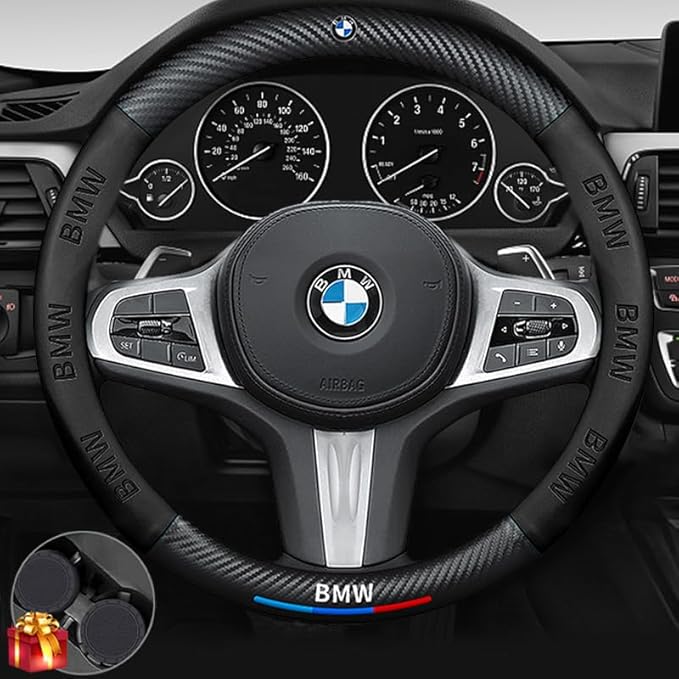 Customized Steering Wheel Cover Compatible with BMW, Nappa Leather & Carbon Fiber Design Car Steering Wheel Cover, with Coasters and 3-in-1 USB Fast Charging Cable (Black)
