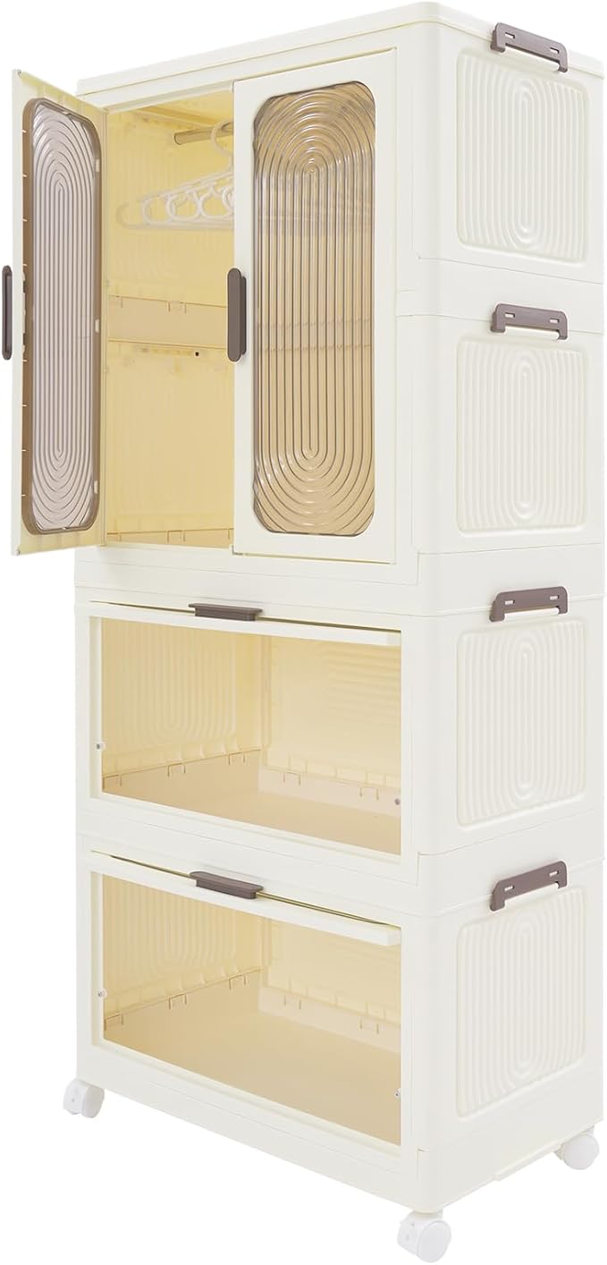 Portable Wardrobe Closet with Wheels 3-Tier Foldable Storage Cabinet Hanging Organizer with 10 Hangers Easy Assembly for Kids