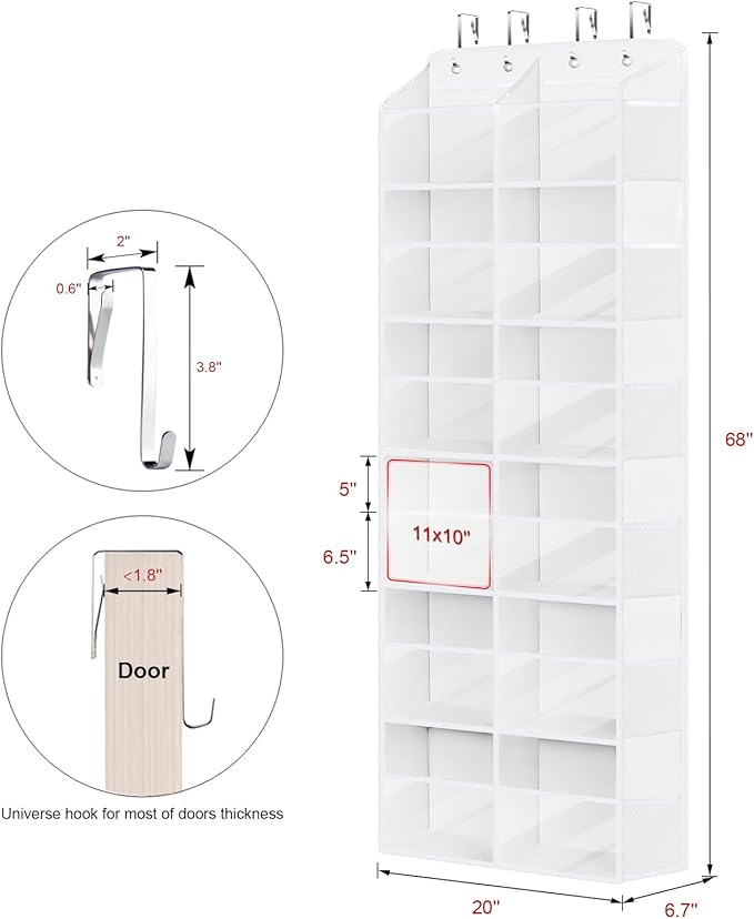 Univivi Over the Door Organizer, 6 Tiers Behind Door Storage with Clear Deep Pockets Hanging Organizer for Closet, Bedroom, N