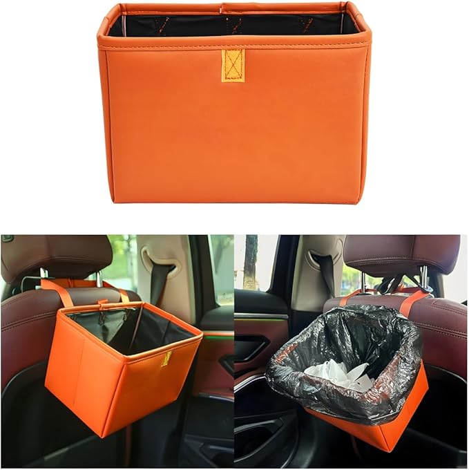 Car Trash Can, Leather Foldable Large Capacity Vehicle Hanging Garbage Bin Organizer, Waterproof Auto Interior Storage Bag Container Accessories, Universal for SUV Sedan Truck (Orange)