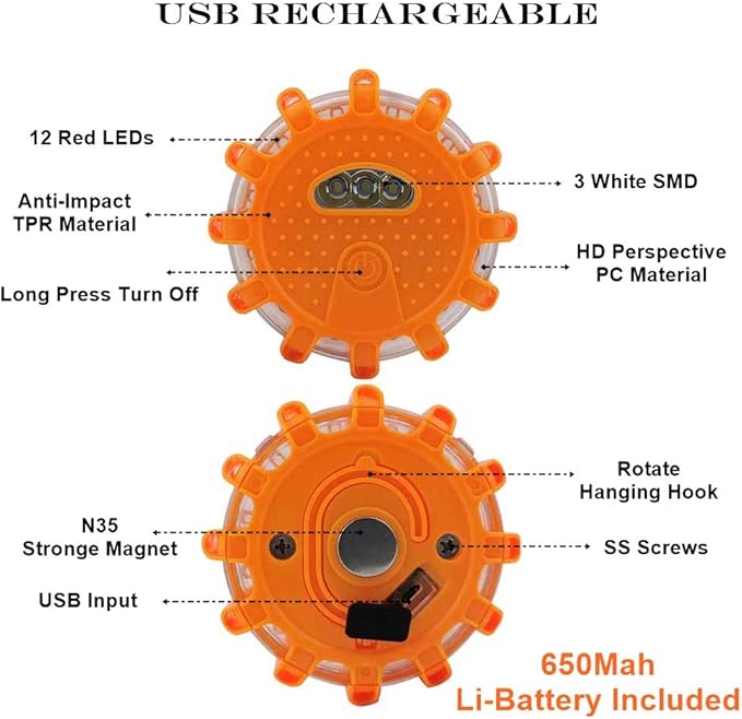 USB Rechargeable LED Road Flares Emergency Lights-Roadside Warning Car Safety Beacon Flashing Disc Flare Kit with Magnetic Ba