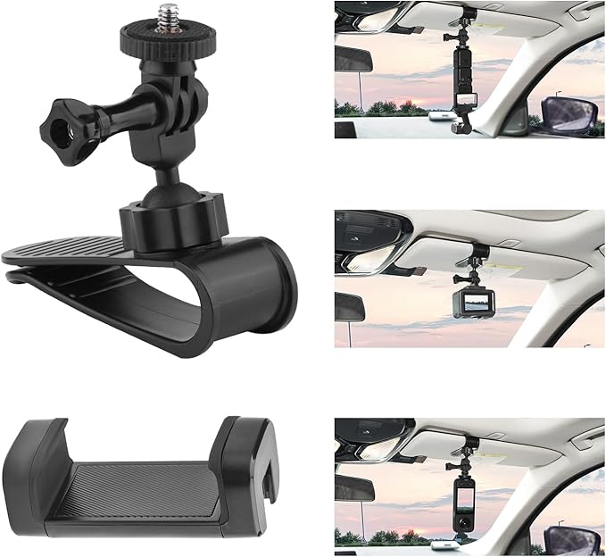 Car Sun Visor Mount for Insta360 X5 X4 X3, Car Mount Inside Holder with Phone Clip for DJI Osmo Pocket 3/360 Action 5 Pro 4 3/Xtra Muse, Go-Pro POV Mount Vlog/Video Smartphone Accessories