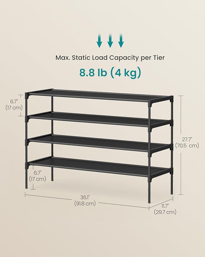 SONGMICS Shoe Rack, 4-Tier Shoe Storage Organizer, Space-Saving, 11.7 x 36.1 x 27.7 Inches, Entryway, Metal Frame, Non-Woven 