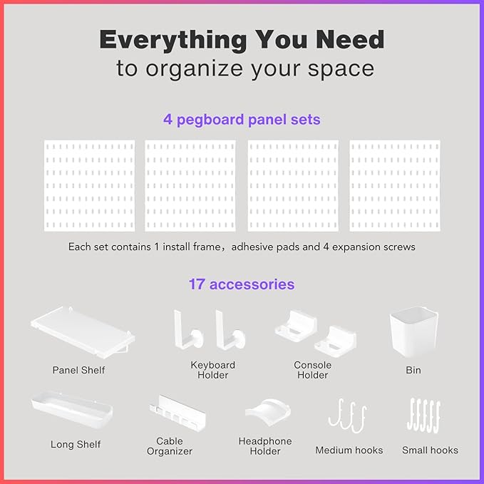 Keepo Peg Board Wall Organizer for Gaming Setup, Pegboard with Adhesives & Screw Mounts, Includes Peg Board Accessories for G
