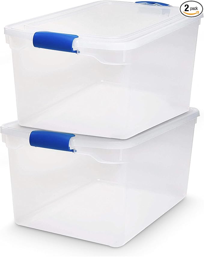 HOMZ 2-Pack Latching Lid, Large Clear Plastic Storage Bins with Lids, 66 Quart, Blue Latch - Stackable Container Boxes for Ho