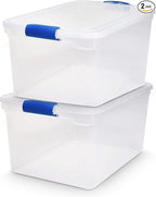 HOMZ 2-Pack Latching Lid, Large Clear Plastic Storage Bins with Lids, 66 Quart, Blue Latch - Stackable Container Boxes for Ho