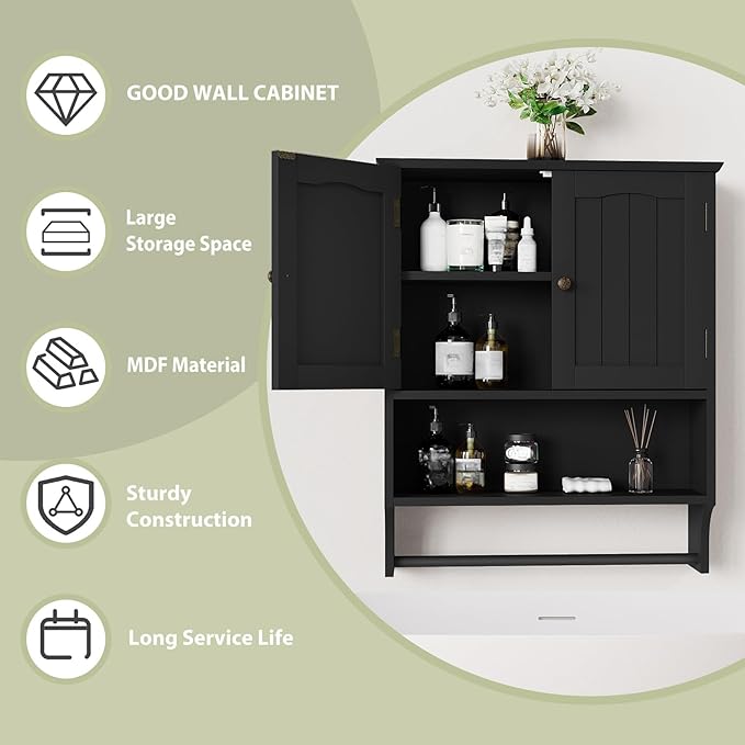 Smuxee Black Bathroom Cabinet Wall Mounted with Towels Bar, Medicine Cabinet with 2 Door Adjustable Shelves, Over Toilet Cabi